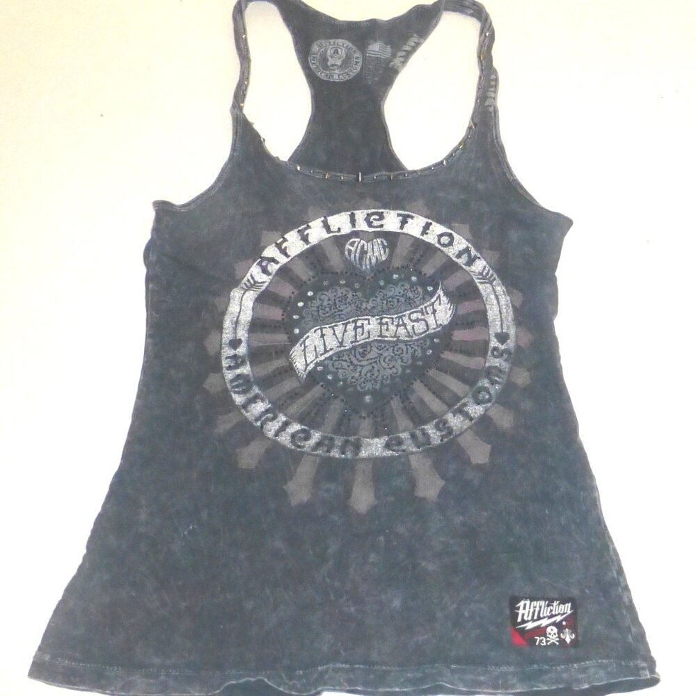 Affliction American Customs Women's Heart Acid Wash Racerback Tank Top Size: S